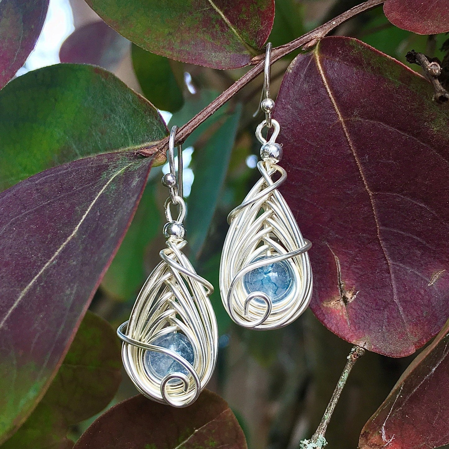 Earrings "HERRINGBONE" aquamarine and copper